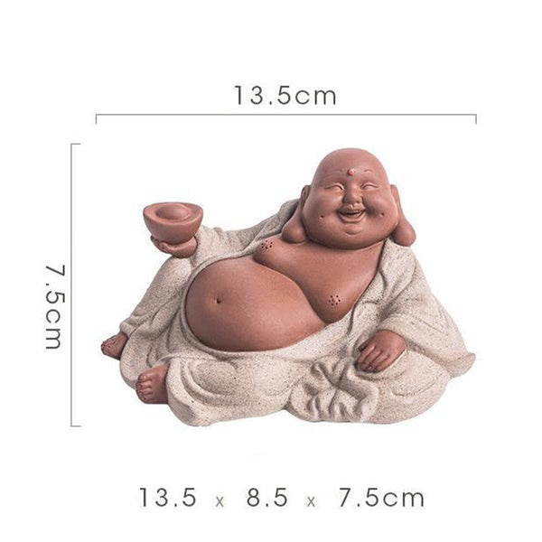 Laughing Buddha Clay Statue – bottom stamp and maker mark visible, authenticity certification