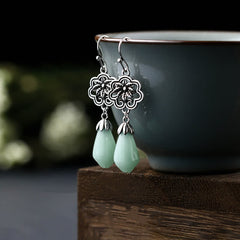 Magnolia Flower Jade Prosperity Dangle Earrings, front view, earring jewelry