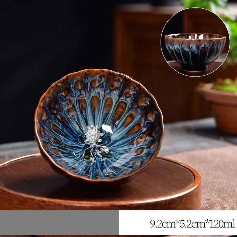 Lotus Peacock Dragon Phoenix Koi Fish Ceramic Teacup – all four motif elements overview, collectible art cup
