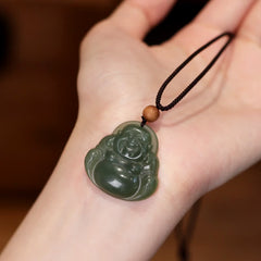 Laughing Buddha Hetian Jade Necklace – White Hetian jade Budai pendant on cord, healing jewelry