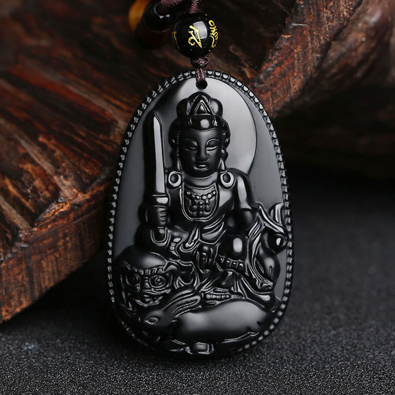 Chinese Zodiac Buddha Black Obsidian Necklace – Samantabhadra on lotus throne with jewel attribute, obsidian oval pendant with beaded border, dragon snake zodiac