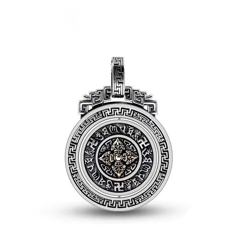 Double Dorje Vajra Rotatable Necklace – oxidized silver lotus Vajra medallion on white, Tibetan jewelry
