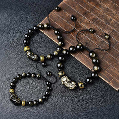 Gold Sheen Obsidian PiXiu Bracelet – Three bracelets on black leather with wood accent, adjustable sizes