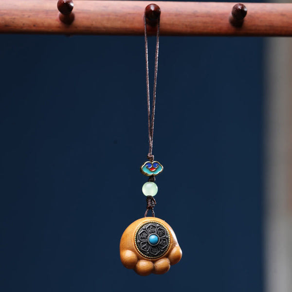 Sandalwood Om Mani Padme Hum Lucky Cat Paw Phone Charm - Wooden paw on peg rack, cloisonne beads