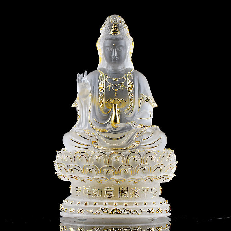 Kwan Yin Liuli Crystal Statue – Front view peaceful expression and gentle posture, mindfulness decor