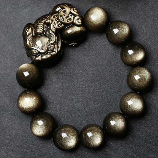 Golden Obsidian Bracelet – Circular layout on black background, shiny gold sheen obsidian beads
