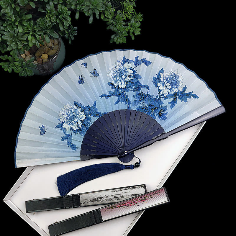 Vintage Silk Folding Fan - Black lacquered pivot detail and navy striped butterfly fan, silk fan
