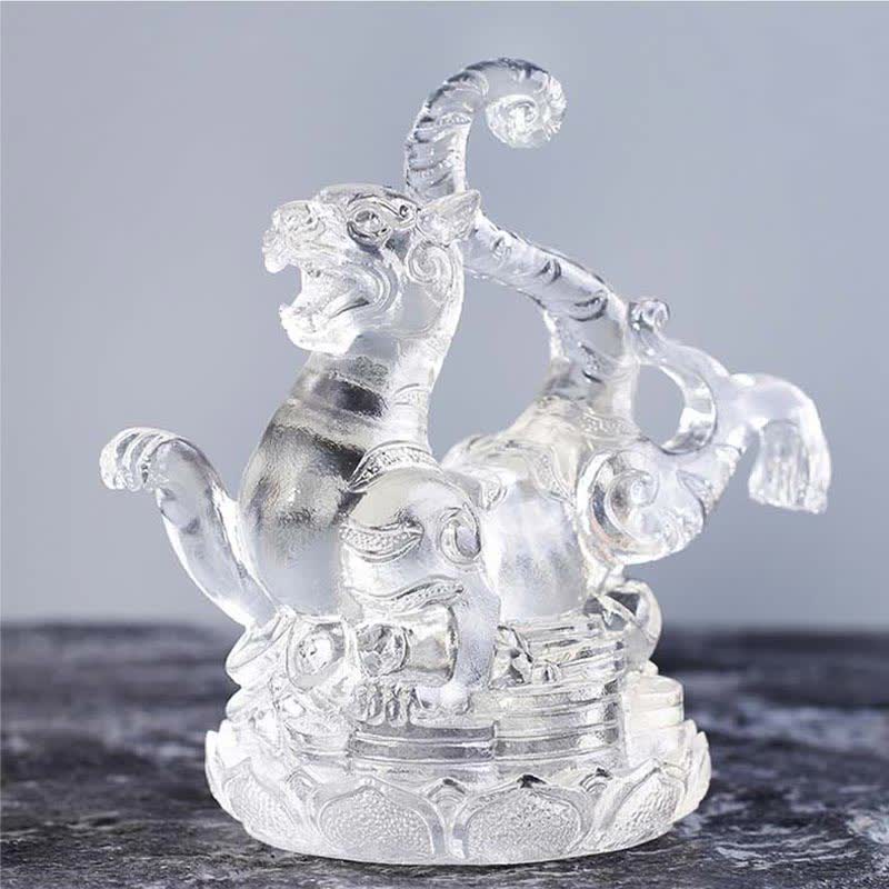 White Tiger Crystal Tiger - seated tiger with spiral tail, transparent sculpture, courageous