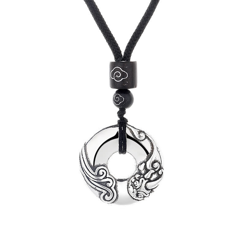 PiXiu Peace Buckle Copper Wealth Necklace – Isolated silver PiXiu peace buckle with cloud beads on white, feng shui gift
