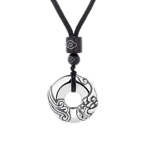 PiXiu Peace Buckle Copper Wealth Necklace – Isolated silver PiXiu peace buckle with cloud beads on white, feng shui gift
