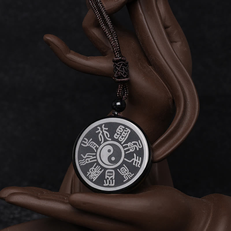 Black Obsidian Nine-Character Mantra Necklace – Bagua engraved obsidian pendant on Buddha hand prop, Taoist amulet