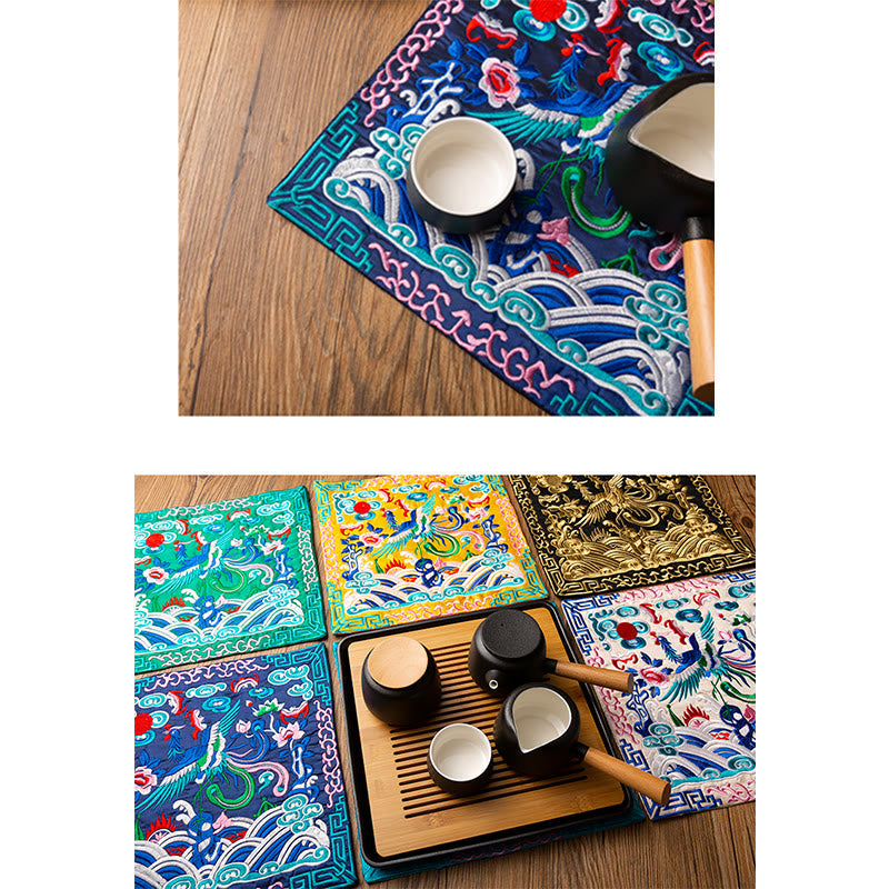 Phoenix Dragon Kirin Embroidery Tea Cup Mat - Six mat color grid with tea set, Complete Collection
