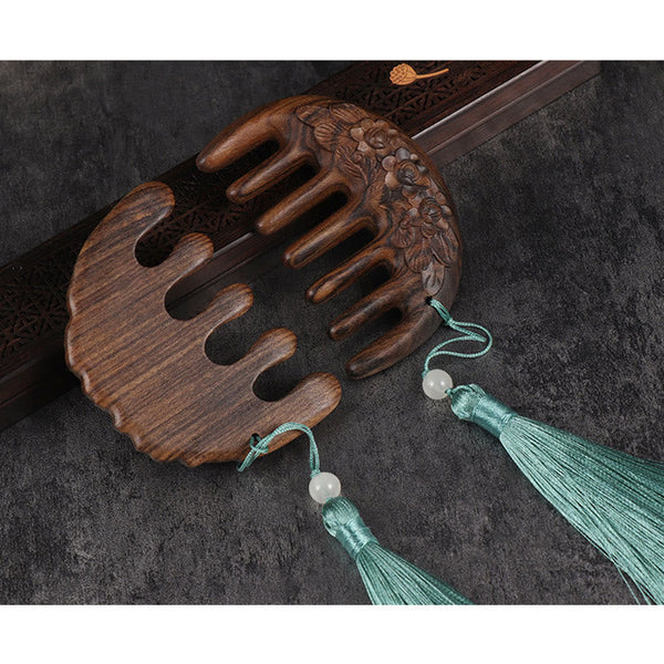 Green Sandalwood Koi & Lotus Tassel Comb – Chacate Preto Wood Koi Fish Lotus, image 8