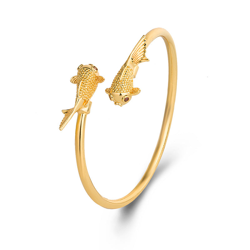 Double Koi Fish Copper Prosperity Bracelet – inner engraving, prosperity symbols