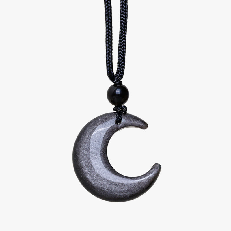 Silver Sheen Obsidian Yin Yang Pendant - Silver sheen obsidian moon on white background, obsidian necklace