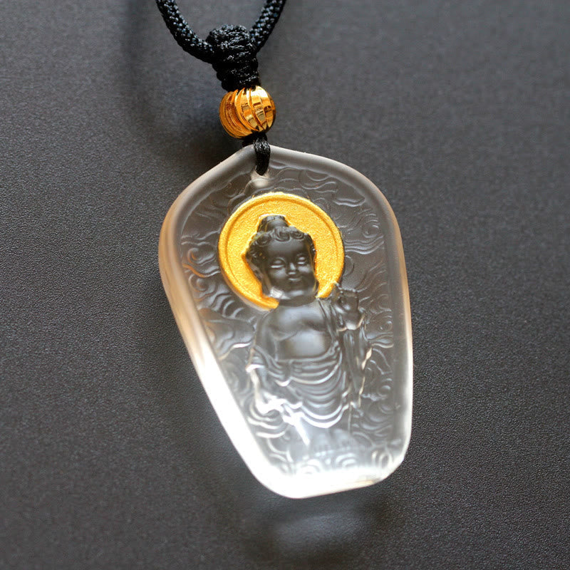 Tibetan Buddha Liuli Crystal Necklace – light passing through crystal Buddha, glowing translucent effect