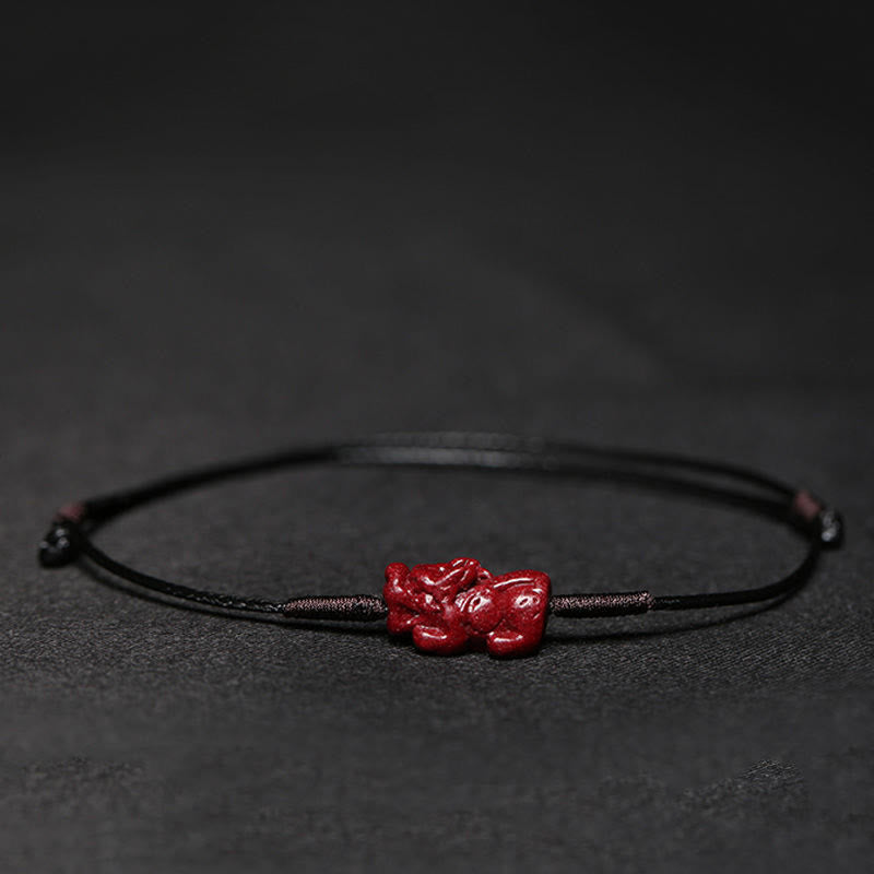 Cinnabar PiXiu Lotus Koi Fish Blessing Braid Bracelet – PiXiu charm on black cord, masculine feng shui wealth bracelet design
