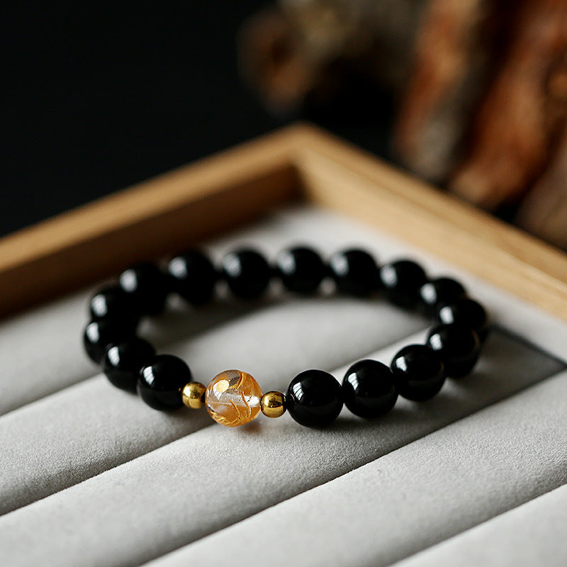 Black Obsidian White Crystal Onyx Dragon Bracelet - Obsidian beads with gold amber focal bead in velvet tray, Protection