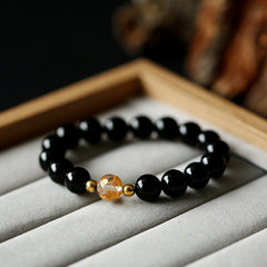 Black Obsidian White Crystal Onyx Dragon Bracelet - Obsidian beads with gold amber focal bead in velvet tray, Protection