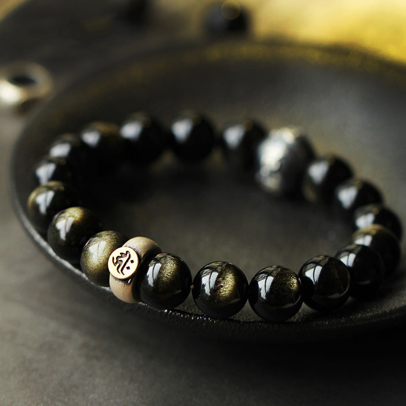Zodiac Natal Buddha Obsidian Silver Bracelet - Gold sheen obsidian beads with silver mantra charm, spiritual protection