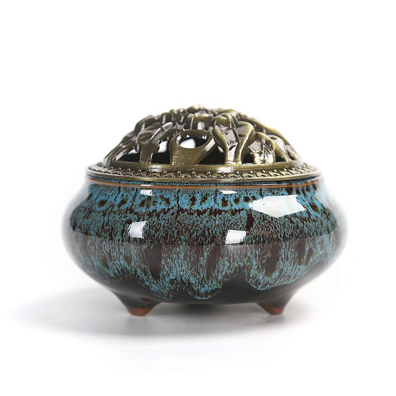 Ceramic Incense Burner – Turquoise reactive glaze with iridescent bronze lid, colorful zen decor