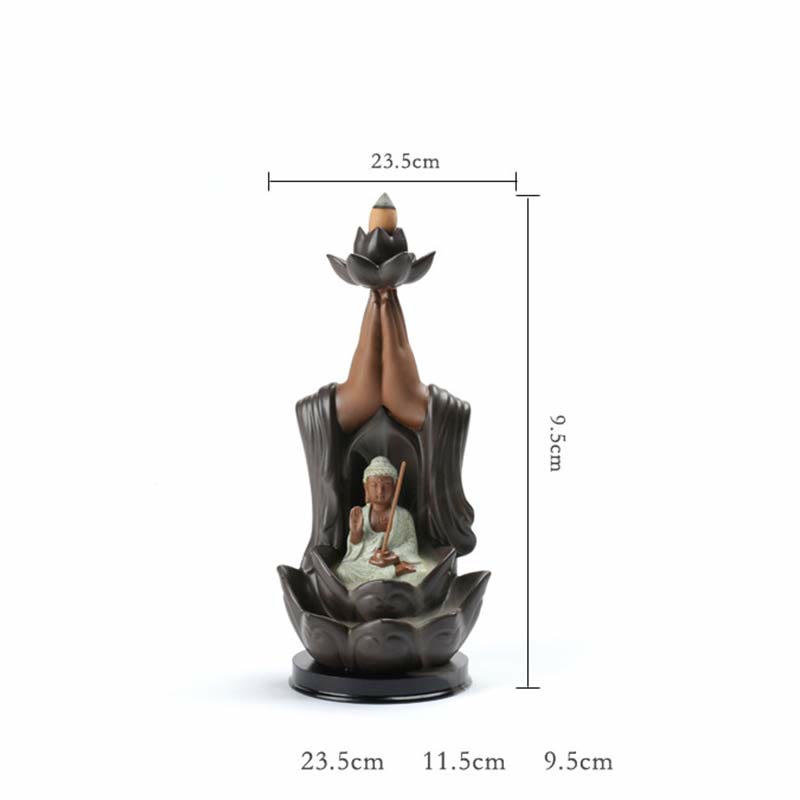 Buddha Lotus Incense Burner – Monk figure in lotus base with backflow smoke, Serenity