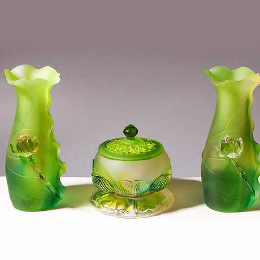 Feng Shui Lotus Liuli Crystal – three frosted green lotus vessels, ceremonial art