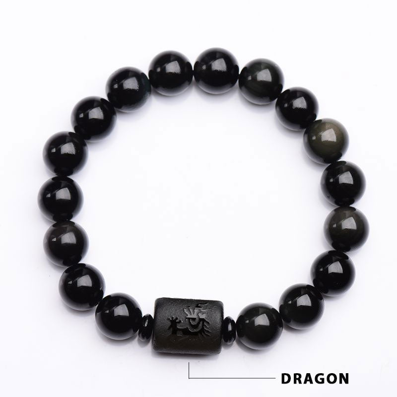 Black Obsidian Phoenix Dragon Bracelet – Dragon carved barrel bead on glossy stones, Power