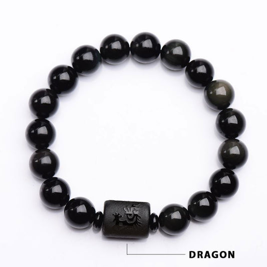 Black Obsidian Phoenix Dragon Bracelet – Dragon carved barrel bead on glossy stones, Power