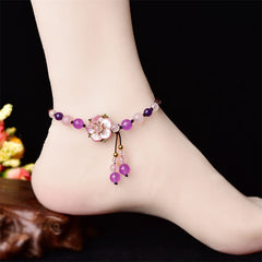 Amethyst Rose Quartz Crystal Charm Healing Anklet - Black stone yin-yang beaded bracelet on driftwood prop, gold accent be...