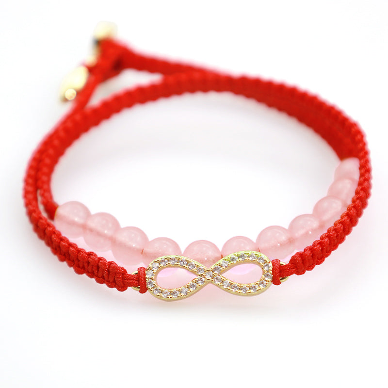 Tibetan Lotus Pink Crystal Red String Bracelet - crystal-studded infinity charm with pink beads, romantic spiritual gift