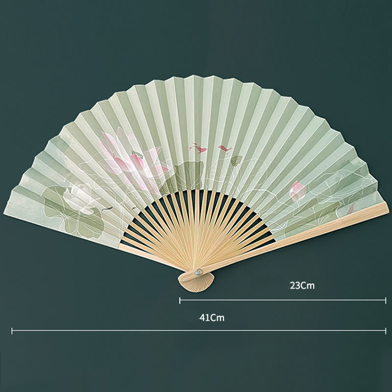 Lotus Koi Fish Folding Fan - full 41cm span with koi pond watercolor scene, refined