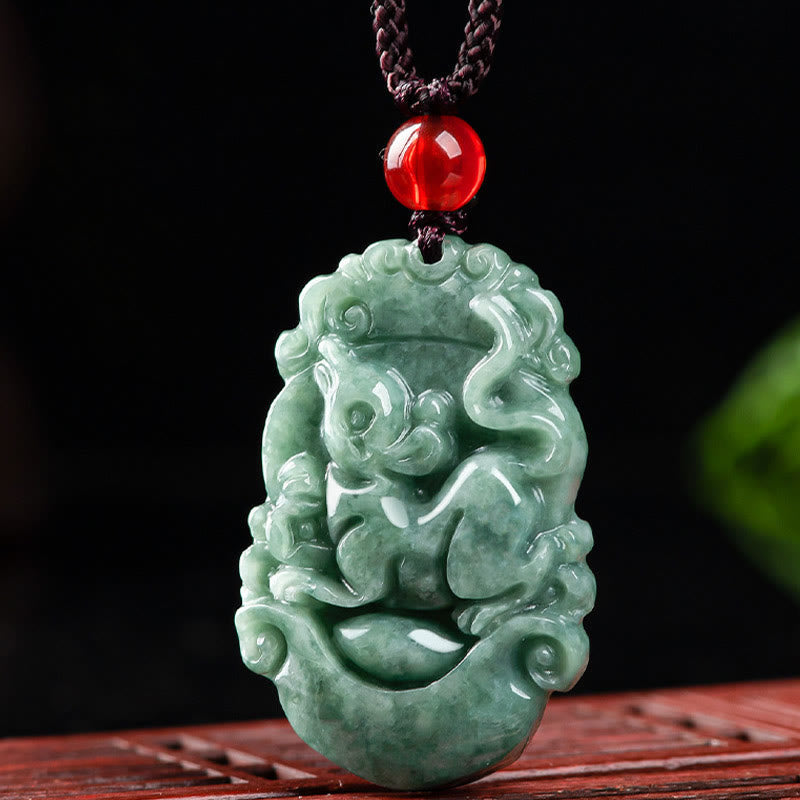 Jade Zodiac Prosperity Necklace – Rat pendant on carved wood lattice with greenery, traditional