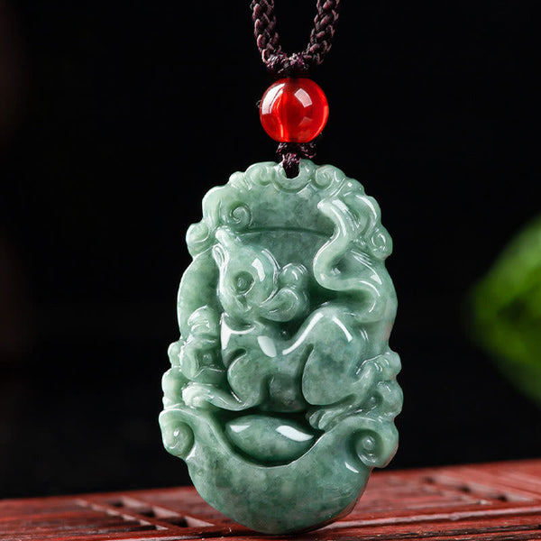 Jade Zodiac Prosperity Necklace – Rat pendant on carved wood lattice with greenery, traditional