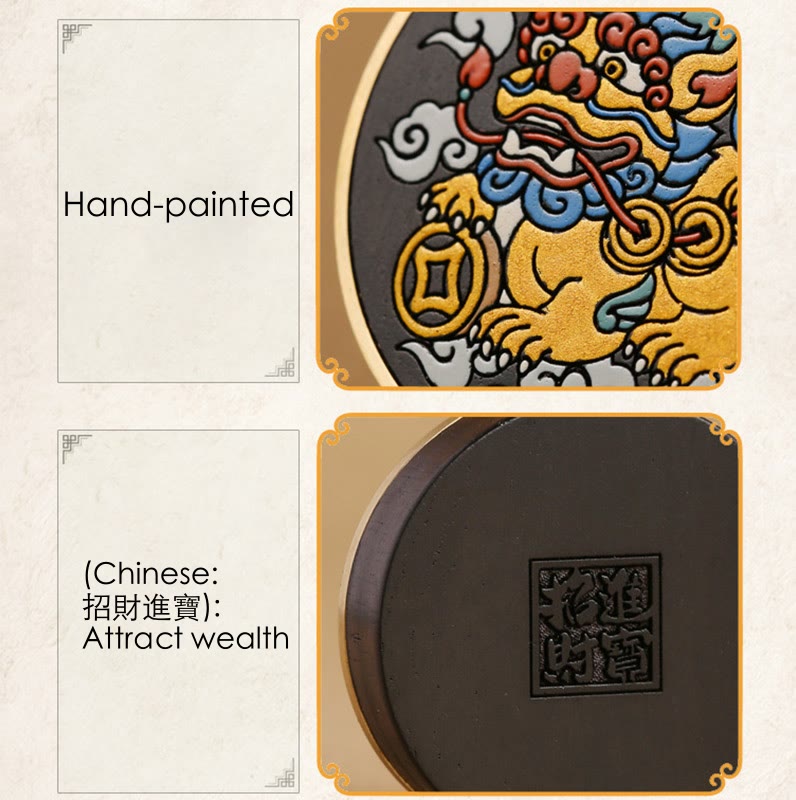 PiXiu Coin Keychain – Hand-painted front and Attract Wealth seal back detail view