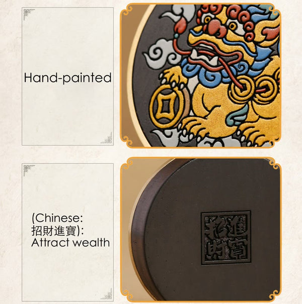 PiXiu Coin Keychain – Hand-painted front and Attract Wealth seal back detail view