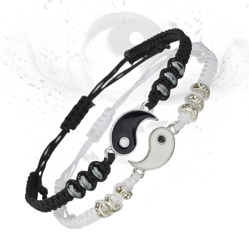 Yin Yang Hematite Bracelet - Black & white interlocking charms on adjustable cords, couple bracelet Main image