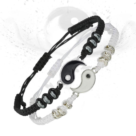 Yin Yang Hematite Bracelet - Black & white interlocking charms on adjustable cords, couple bracelet