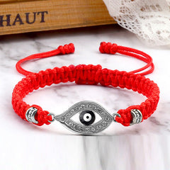 Red cord evil eye bracelet with silver pave crystal charm, white marble and lace