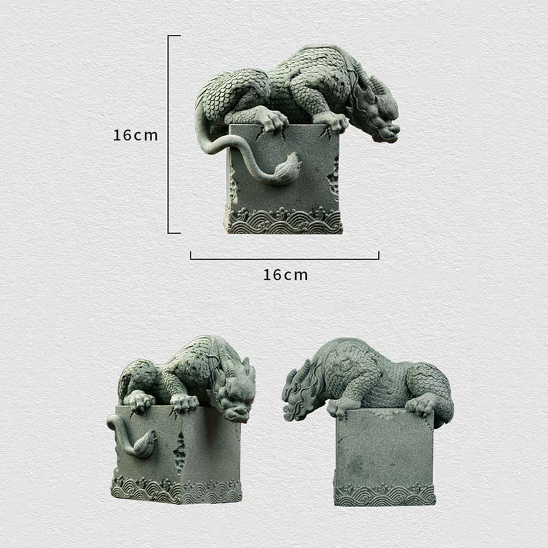 Feng Shui Dragon Sandstone Statue standing dragon on column, temple courtyard, architectural, sculptural
