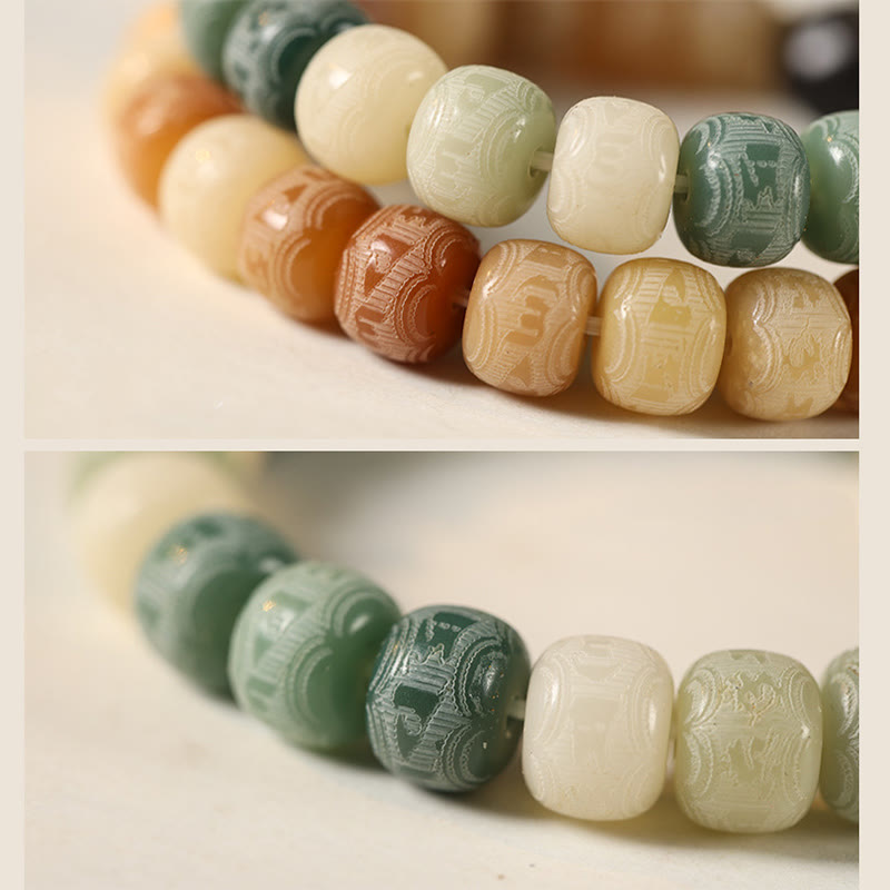 Bodhi Seed Cat Head Bracelet – Two-panel macro showing cream to green carved bead textures with mantra engravings, prayer bead bracelet