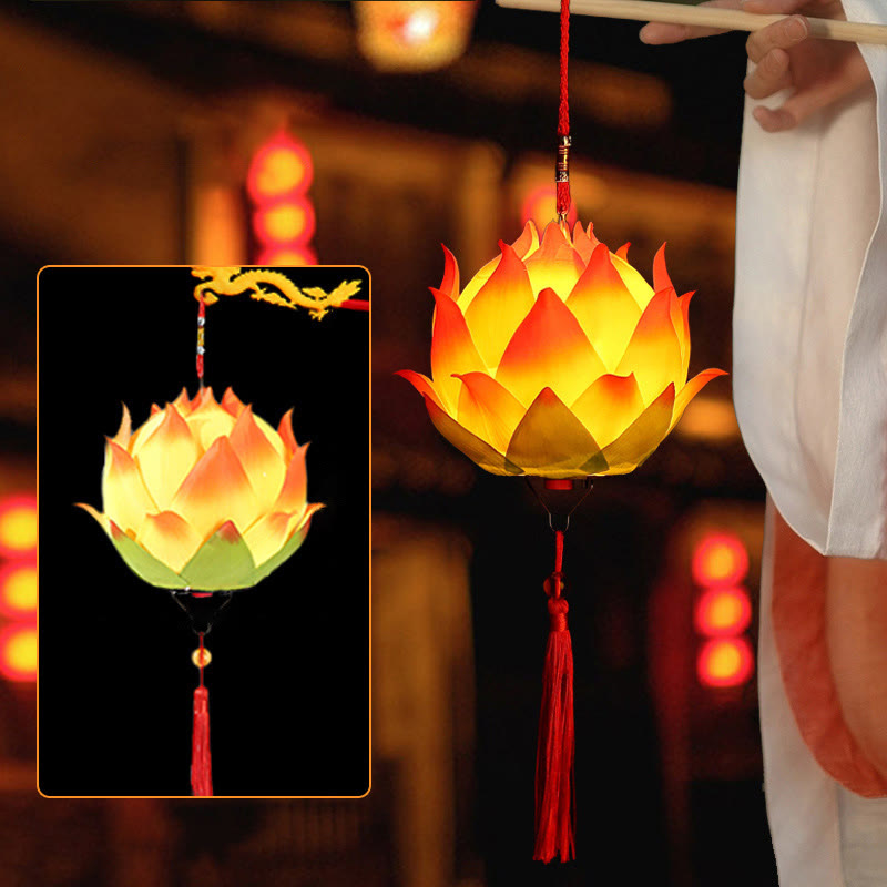 DIY Lotus Dragon Lantern Tassel Lamp – Red lotus lantern with purple variant inset in festival street, Color options