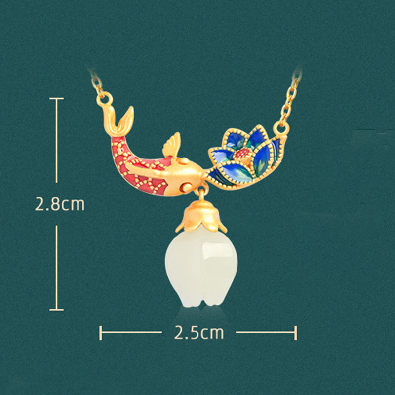 White Jade Koi Fish Necklace – koi lotus pendant on teal green background with size measurement, enamel jewelry