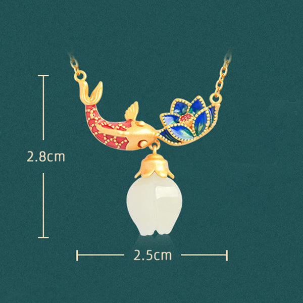 White Jade Koi Fish Necklace – koi lotus pendant on teal green background with size measurement, enamel jewelry
