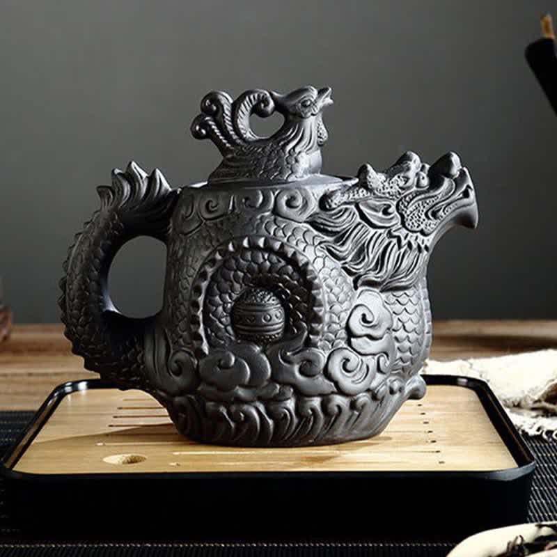 Vintage Dragon Phoenix Purple Clay Teapot – sculpted dragon head spout and phoenix lid finial on bamboo tea tray, matte black