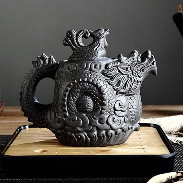 Vintage Dragon Phoenix Purple Clay Teapot – sculpted dragon head spout and phoenix lid finial on bamboo tea tray, matte black