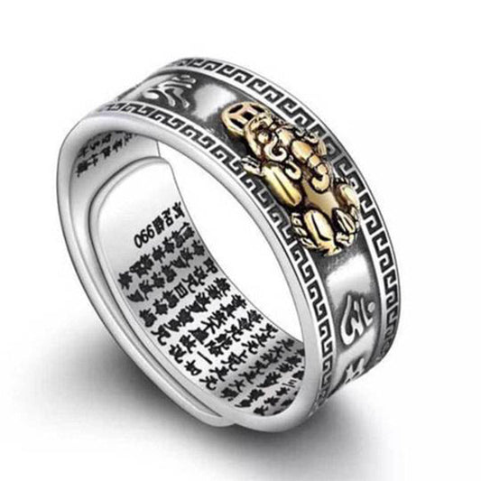 Feng Shui PiXiu Wealth Ring – Two-tone silver and gold Pixiu wealth ring with Greek key border, Six-Syllable Mantra engraving, oxidized antique finish