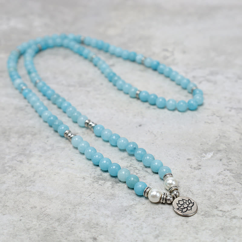 Amazonite Lotus Mala full necklace with 108 blue beads and silver lotus pendant, meditation