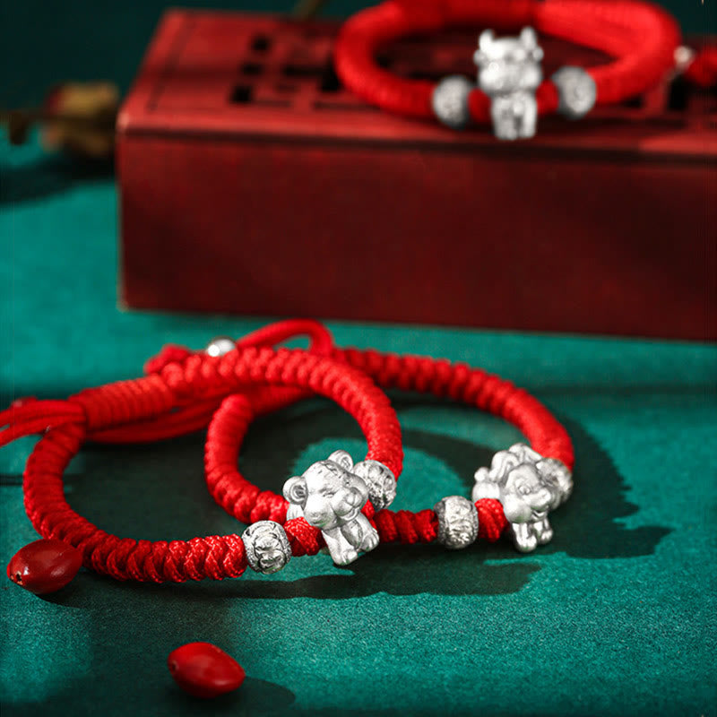 999 Sterling Silver Zodiac Red Rope Kids Bracelet - Tiger charm bracelets stacked with wooden box, zodiac collection