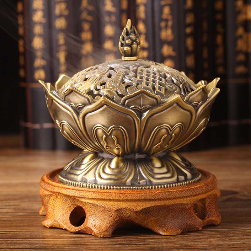 Lotus Shaped Incense Burner - Antique bronze censer three-quarter view on white background, Timeless elegance